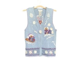 White‎ Stag Christmas Sweater Vest Womens Medium Blue Zip Front Bears Snowflakes